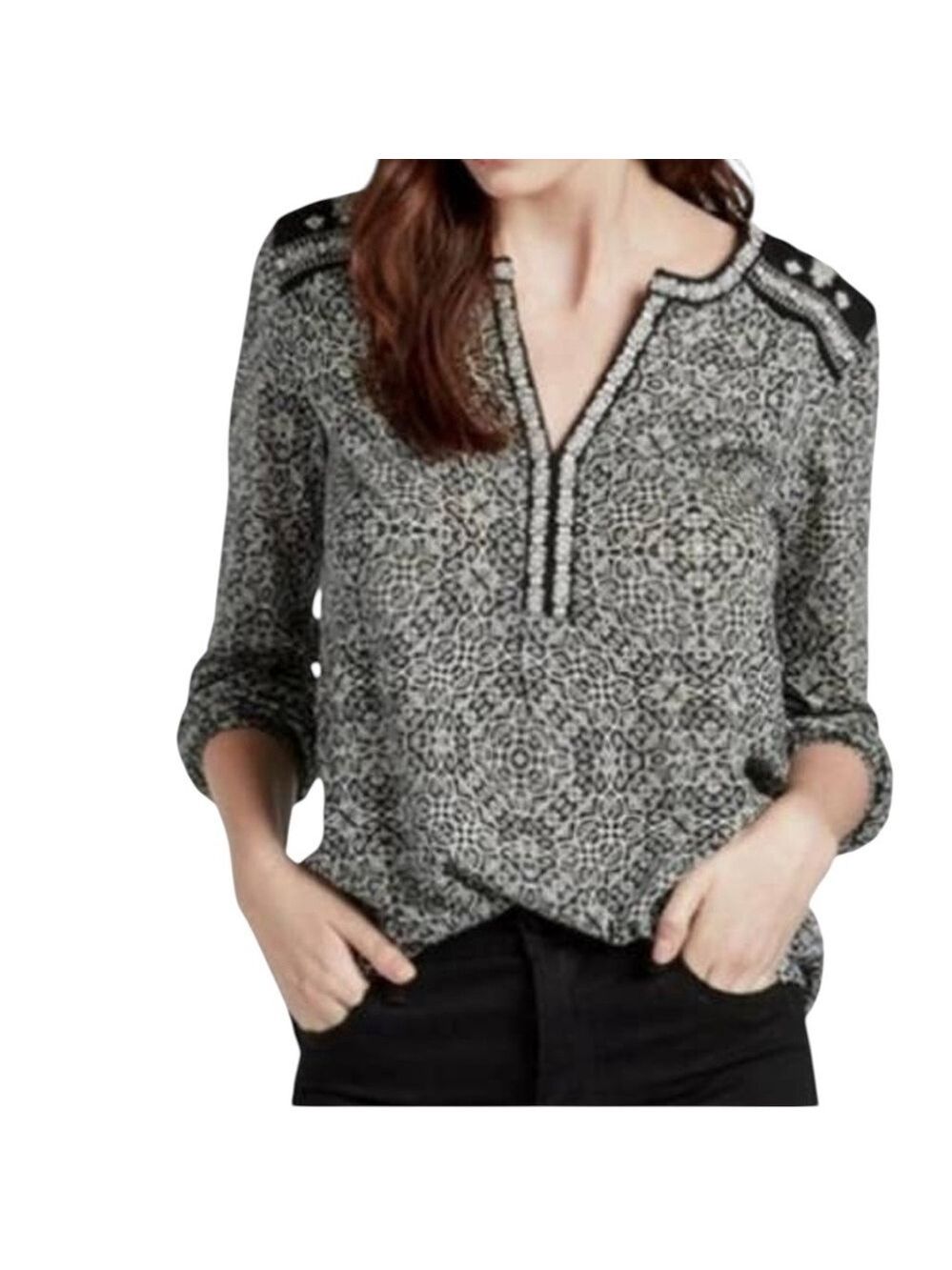 Lucky Brand Black and White Floral Boho Top Size 1X